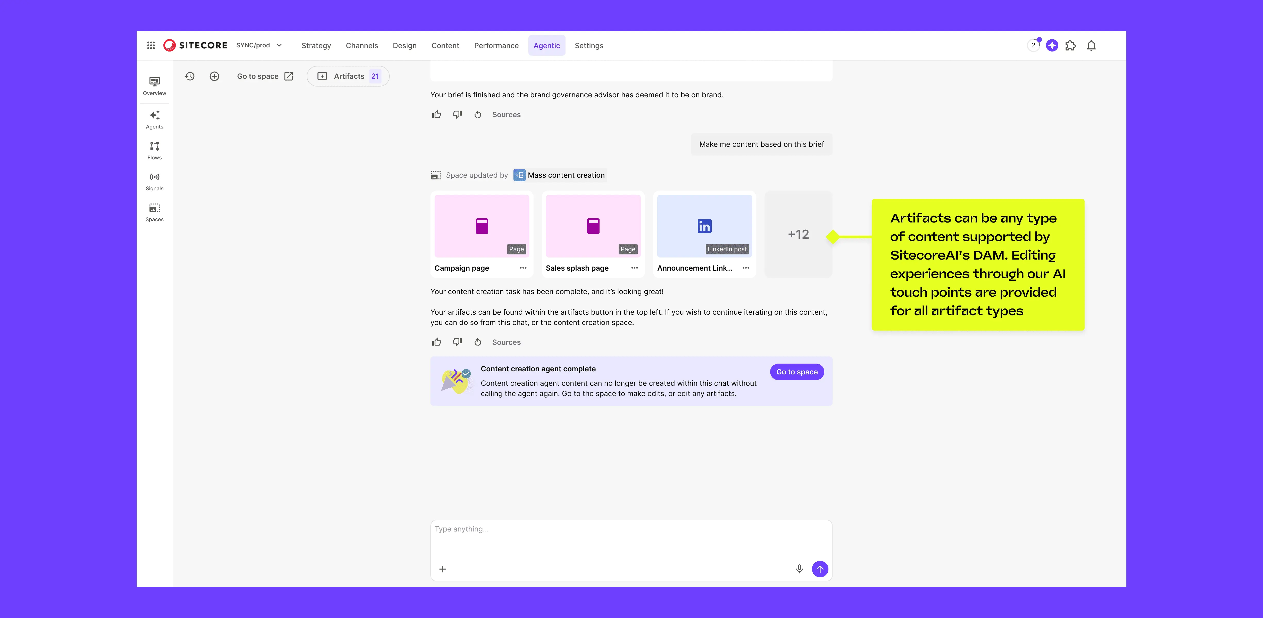 Artifacts: Structured content representation showing different content types with status indicators and workflow